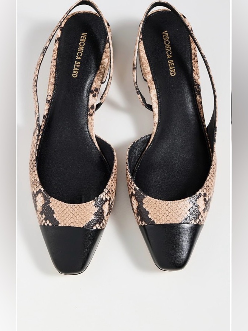 Veronica Beard Black Cap-Toe Snake-Print Slingback Flats